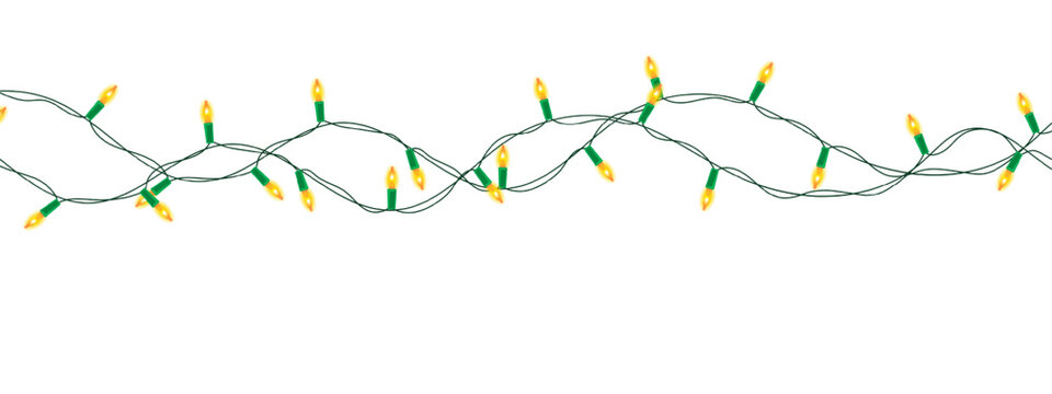 A string of glowing yellow Christmas lights arranged in loops on a white background, creating a festive and cheerful holiday atmosphere. Christmas bulbs twinkle with shine illustration 