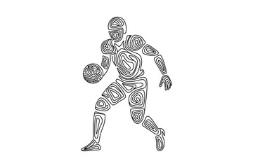 Silhouette Black line art american football player holding ball in dynamic pose on white background