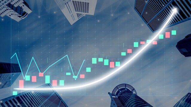 Modern city skyline with upward financial growth graph highlighting stock market analysis, capturing the essence of urban investment and economic progress. Copula - Powered by Adobe