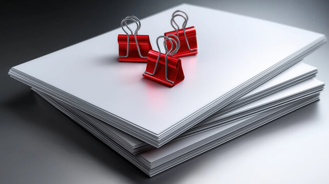 Red clips secure white papers on a smooth surface