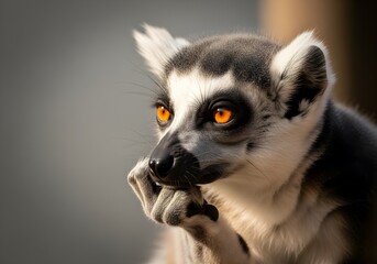 Naklejka premium Portrait of a cute ring-tailed lemur, Lemur catta, with striking eyes, looking straight ahead, against a backdrop of wild nature