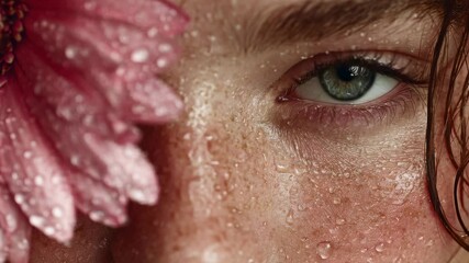 Close-up of a young person with closed eyes and dewy skin, showcasing a pink flower beside their face in a serene moment of nature - Powered by Adobe