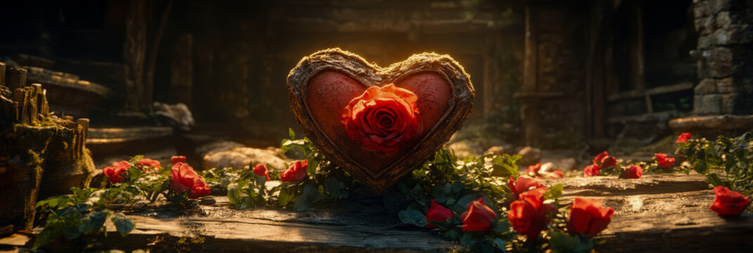 Mystical Stone Heart Shrine Adorned with Vibrant Red Rose, Nestled Among Lush Greenery and Scattered Blooms in Sun-Drenched Ancient Garden Ruin