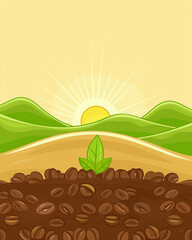 coffee seedling emerging from roasted beans, sunrise over rolling green hills, warm golden light, rich fertile