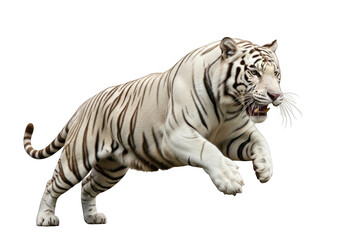 Majestic white tiger leaping aggressively, wildlife predator, feline hunter, carnivore animal, mammal, big cat, bengal tiger isolated on transparent background