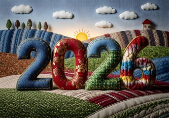 Textile Art 2026 Countryside Landscape with Sunrise – Colorful Fabric Craft Design