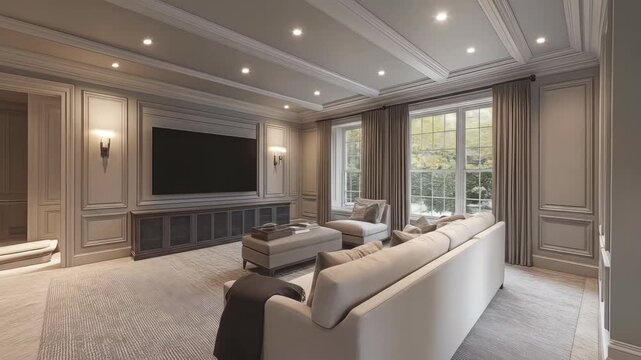 A luxurious, neutral-toned living space features a large TV, seating, and intricate molding