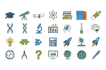 Obraz premium Collection of flat design icons representing education science technology and research vector