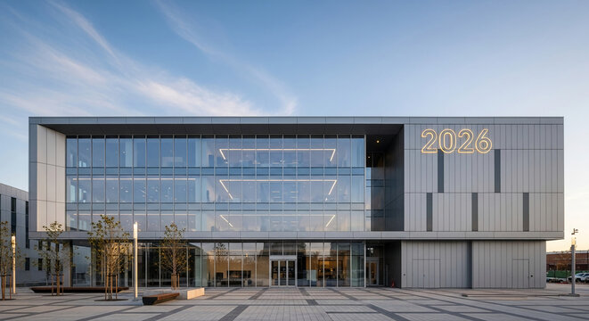 Modern building facade with glass and metal panels under a blue sky, featuring lit number 2026, suggesting a completion year or upcoming event