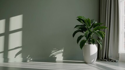 Minimalist interior with green houseplant in white pot, sunlight casting shadow on light wall, peaceful modern decor, green atmosphere