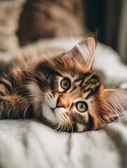 Maine Coon Kitten Resting on a Soft Bed in a Cozy Home Setting During Daylight Hours