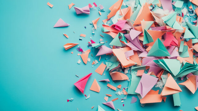 Vibrant explosion of colorful folded paper triangles and torn scraps scattered artfully on bright blue background, creating abstract and playful composition. - Powered by Adobe