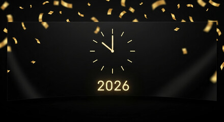 Golden clock on black background with confetti, showing almost 2026 year, representing future, celebration, year, time, business, achievement, plan