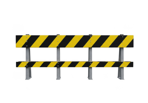 High resolution yellow and black striped road barrier, construction barricade, safety fence, traffic control signage, roadwork hazard warning isolated on transparent background