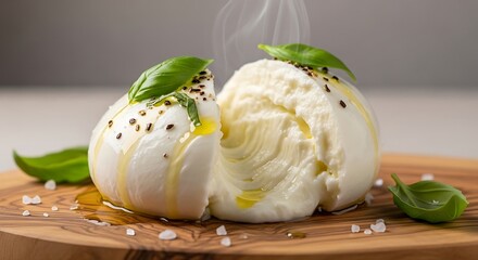 Fresh burrata cheese with basil and olive oil