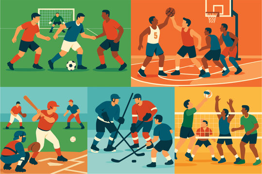 Multisport Team Illustration &mdash; Soccer, Basketball, Baseball, Hockey, Volleyball Players