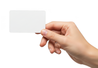 Hand holding blank white card mockup template for business or invitation design presentation isolated on transparent background