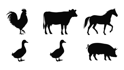 Collection of farm animal silhouettes isolated on white background, Vector
