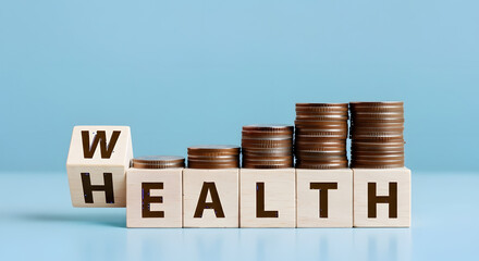 Invest in your health for a wealthy future, coins stacked on blocks spelling health, financial wellbeing and growth concept