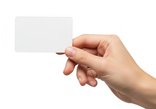 Hand holding blank white card mockup template for business or invitation design presentation isolated on transparent background