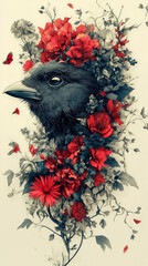 Obraz premium Striking Portrait of Enigmatic Raven Crowned by Lush Tapestry of Vibrant Scarlet Flowers, Desaturated Foliage, and Delicate Butterflies