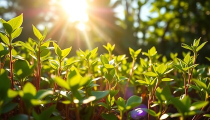 Fototapeta premium Plants growing towards sunlight, vibrant green leaves, vitality, wellness