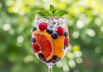 Refreshing glass of infused water with fresh berries, citrus slices, and mint, garnished with ice, set against a blurred green background