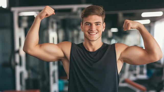 A youthful, fit man proudly flexes both arms to show off his strong biceps at a modern training facility. idea of strength, confidence, improving fitness, and leading a healthy lifestyle.