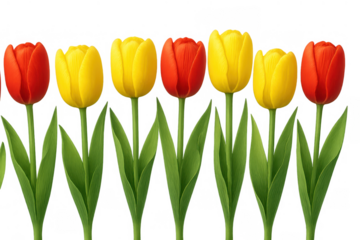 Red and yellow tulips standing in a row, blooming colorful spring flowers, transparent background for easy use
