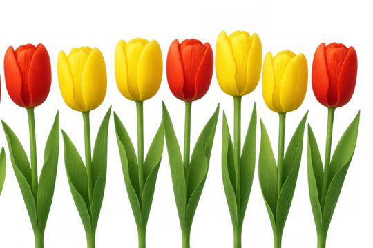 Red and yellow tulips standing in a row, blooming colorful spring flowers, transparent background for easy use