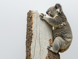 Koala clinging to tree trunk against a bright, plain background