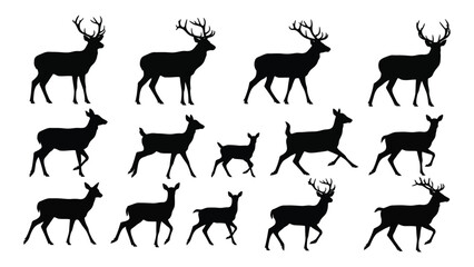 Collection of deer silhouettes isolated on white background, Vector