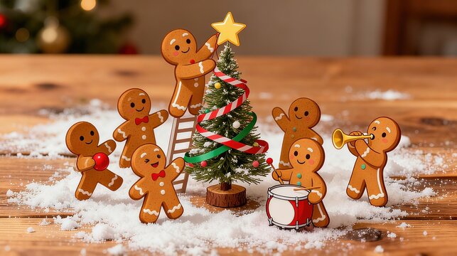 Gingerbread Men Decorating Christmas Tree and Playing Music on Snowy Wood