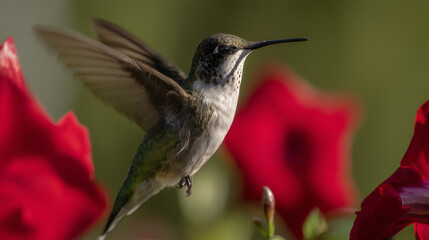 Fototapeta premium A hummingbird hovers near a red flower, its wings moving fast against a green background. wildlife magazines, conservation campaigns, designed for nature documentaries and education.