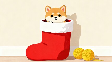 Cute Shiba Inu Puppy in Red Christmas Stocking with Yarn Balls