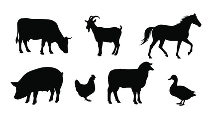 Farm animal silhouettes collection isolated on white background, Vector