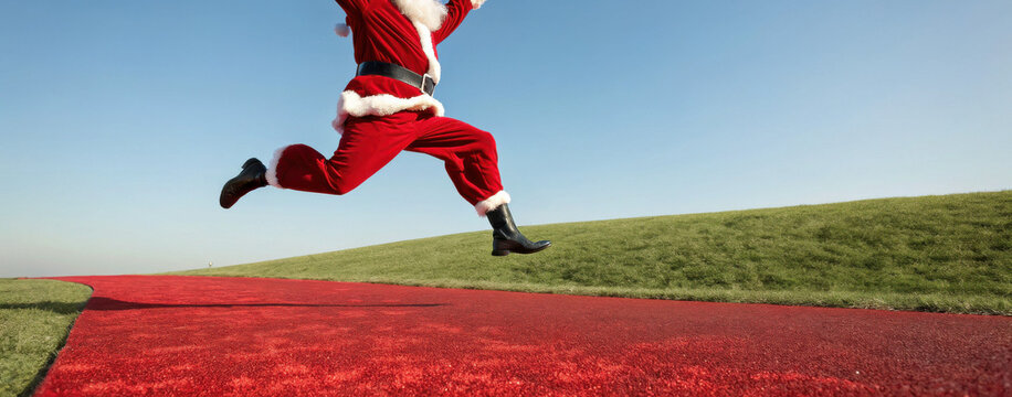 Jumping Santa Claus in vibrant red outfit leaps joyfully across clean red field under clear blue sky