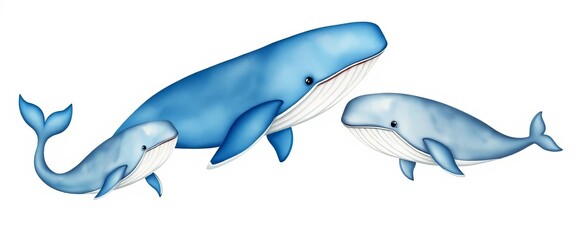 Set of three watercolor whales, varying sizes and shades of blues and grays, playful poses, blue, paint