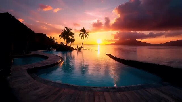 Aerial view of a serene swimming pool during sunset with a tropical backdrop. The sky is painted in hues of pink, orange, and purple, with the sun casting a golden glow over the water.