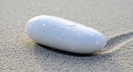 Obraz premium Smooth white stone adorned with water droplets on sun-kissed beach sand