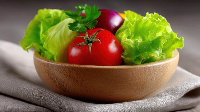 Fresh vegetables in a wooden bowl on a soft cloth surface - Powered by Adobe