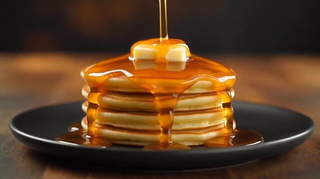 maple syrup pours onto a stack of golden-brown pancakes on a matte black plate with butter melting on top