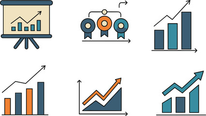 Business growth icons, bar chart, line graph, award ribbon, presentation board, performance metrics, analytics vector set, data illustration