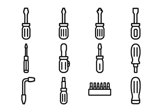 Screwdriver Icon Set. Screwdrivers Set linear icon set: flathead screwdriver, Phillips screwdriver, Torx driver, hex driver, precision screwdriver, ratcheting screwdriver,