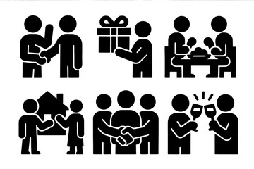 Bold Social Icons. Social Customs silhouette icon set: greeting gesture, gift exchange, shared meal, family visit, community handshake, celebration toast.