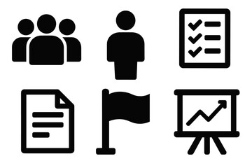 Brutalist Team Icon Set. Team authority silhouette icon set: group of people, leader figure, checklist, document, flag, chart board.