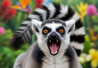 Naklejka premium Cute portrait of a wild ring-tailed lemur, Lemur catta, with black and white tail in Madagascar nature looking at the viewer