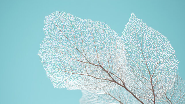  Close-up of delicate leaf veins resembling a natural network on a soft blue background. gardening catalogs, home-decor guides, designed for home decor and floral branding.