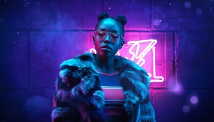 Stylish young woman in a fur coat and cool sunglasses poses in front of a vibrant pink neon arrow sign on a brick wall, capturing an urban nightlife fashion scene with moody lighting and bokeh effects