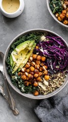 Healthy Vegan Buddha Bowl with Roasted Chickpeas and Avocado.